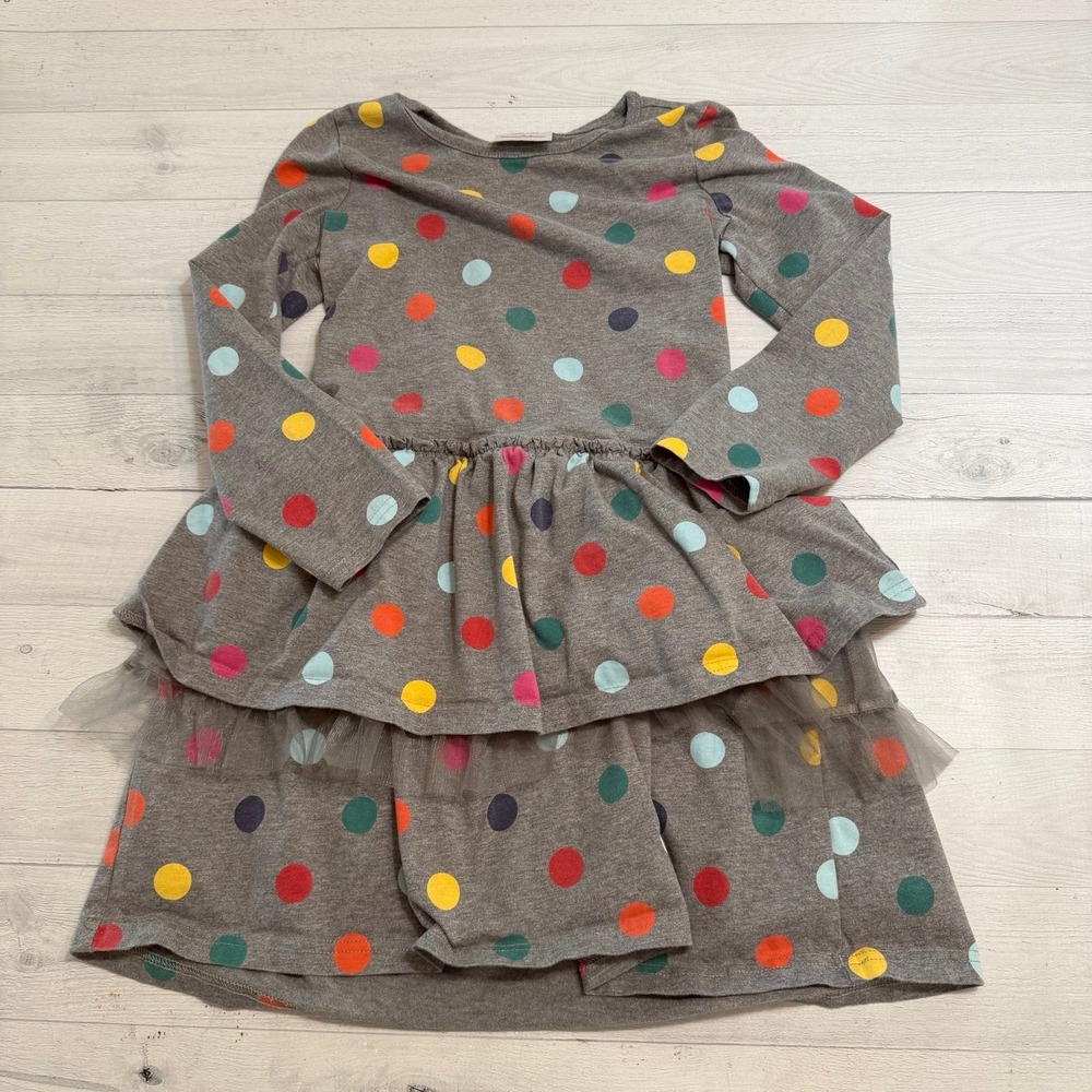 Hanna Andersson girls grey colorful polka dot long sleeve cotton dress 130/8